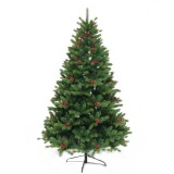 Brad artificial decorat cu conuri pin rosii de craciun bogat, 2.4 m, 1652 ramuri, suport metalic inclus, verde, Oem