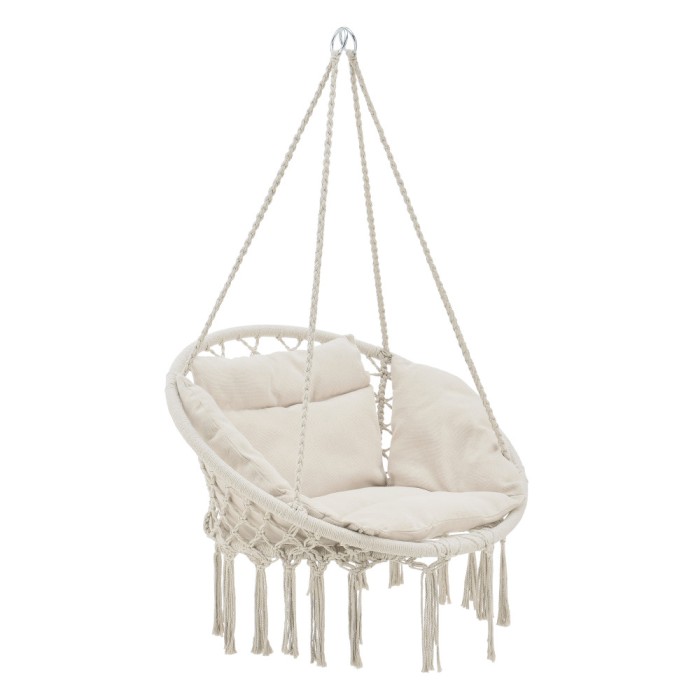 Leagan tip Scaun Suspendat Crem Premium Kailua C, Capacitate 150 kg, cu Perna pentru Sezut si Franjuri Decorativi