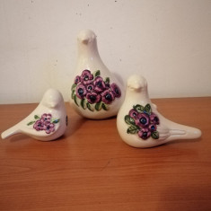 Lot 3 figurina pasare ceramica alba cu flori mov Rosa Ljung Suedia