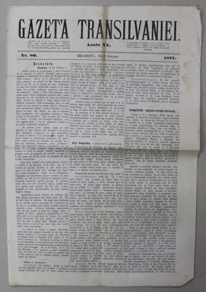 GAZETA TRANSILVANIEI , BRASOV , REDACTOR IACOB MURESIANU , ANUL XL , NR. 80 , 25 OCTOMBRIE , 1877
