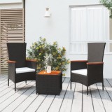 vidaXL Set șezlonguri grădină, 3 piese, negru, poliratan&amp;lemn acacia