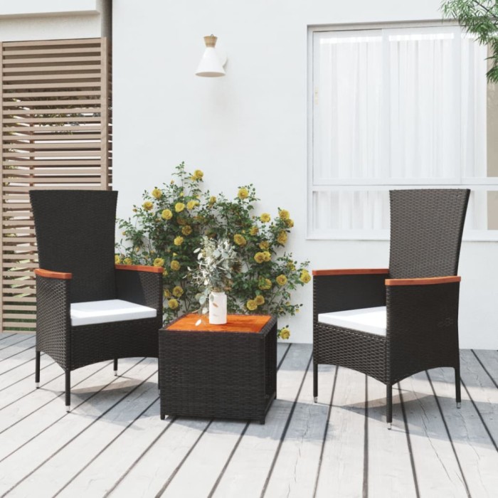 vidaXL Set șezlonguri grădină, 3 piese, negru, poliratan&amp;lemn acacia