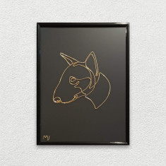 Tablou caine Bull Terrier, sculptura din fir continuu de sarma placata cu aur,19×25 cm