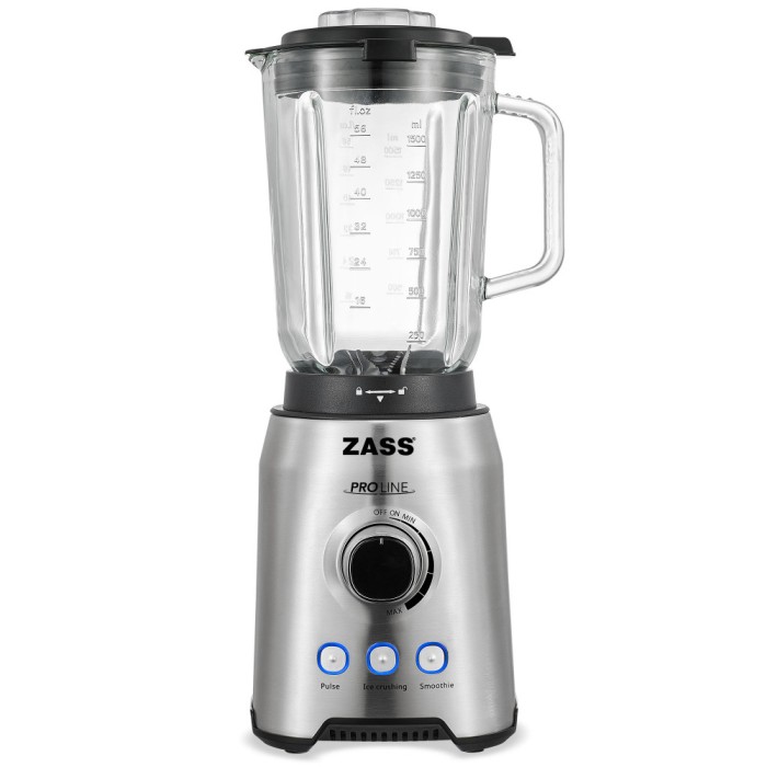 Blender de masa Zass ZSB 09, Putere 1000W, Capacitate 1,5L, Cutit inox cu 6 lame, Cana din sticla termorezistenta, Zdrobire gheata, Butoane cu ilumina