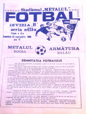 Program meci fotbal &amp;quot;METALUL&amp;quot; BOCSA - &amp;quot;ARMATURA&amp;quot; ZALAU (25.09.1988) foto