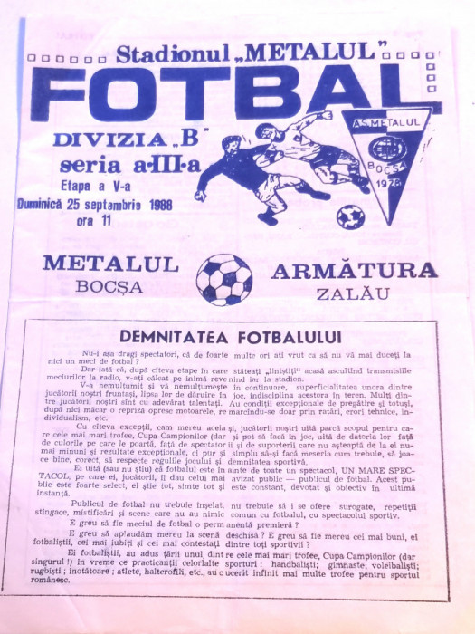 Program meci fotbal &quot;METALUL&quot; BOCSA - &quot;ARMATURA&quot; ZALAU (25.09.1988)