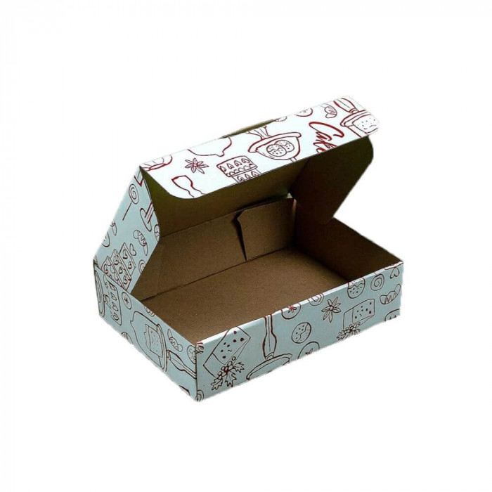 Set 100 Cutii pentru Prajituri T6, 200x140x100 mm, cu Autoformare, Carton Alb/Natur Imprimat