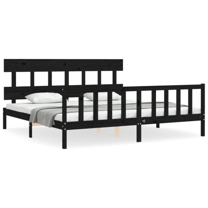 Cadru pat cu tablie 200x200 cm, negru, lemn masiv