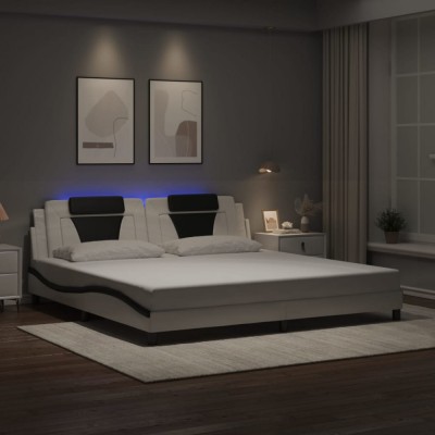 vidaXL Cadru de pat cu lumini LED alb/negru 200x200 cm piele ecologică foto
