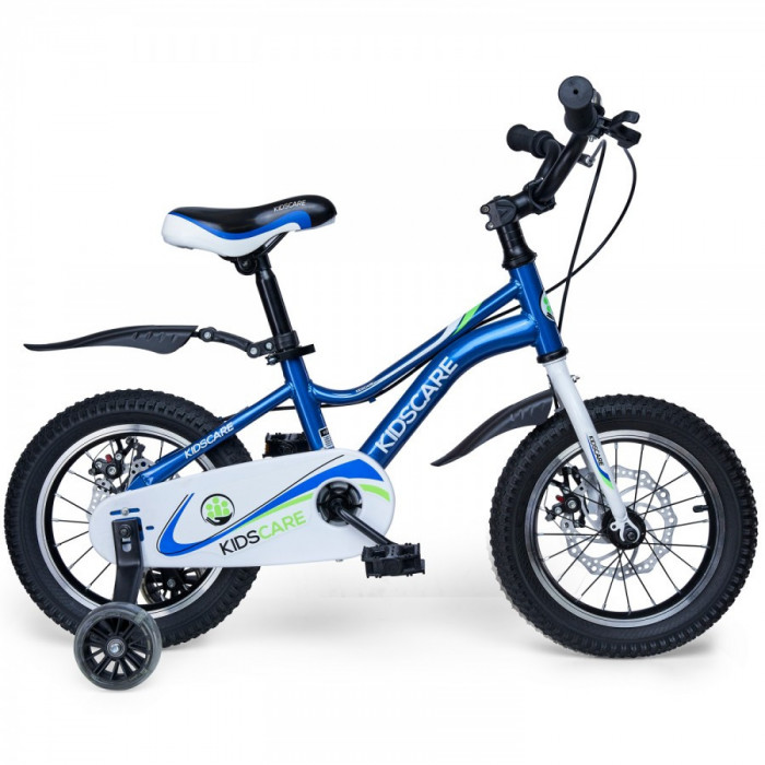 Bicicleta pentru copii 2-4 ani HappyCycles KidsCare, roti 12 inch, cu roti ajutatoare si frane pe disc, albastru