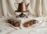 Set Ceai/Cafea Cupru Bronz WMF Vintage Colectie: Ceainic, 6 Pahare Sticla Suport Cupru, 6 Farfurii Cupru, Suport Fier Forjat