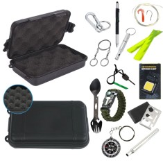 Set supravietuire multifunctional outdoor Marime M 14 accesorii cutie etansa ABS IP54 negru pentru camping si urgente