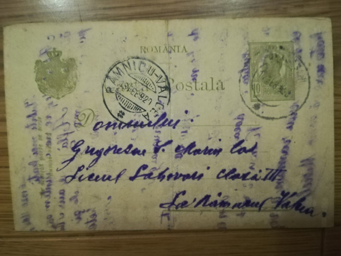 1920, CP trimisa de la Vulturesti Olt catre Liceul Lahovari, Ramnicu Valcea