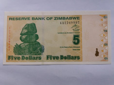 Zimbabwe 5 dollars 2009-UNC foto