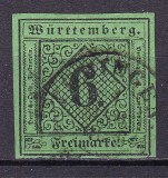Cumpara ieftin ✅ (S44) Germania veche - Wurttemberg 1851 &quot;Cifra in romb&quot; , Michel nr. 3 / verde-albastrui cota 60 Euro ( tipul 3 ? ) ,stampilat