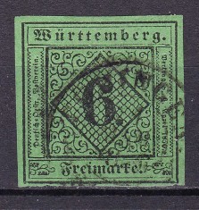 ✅ (S44) Germania veche - Wurttemberg 1851 &quot;Cifra in romb&quot; , Michel nr. 3 / verde-albastrui cota 60 Euro ( tipul 3 ? ) ,stampilat