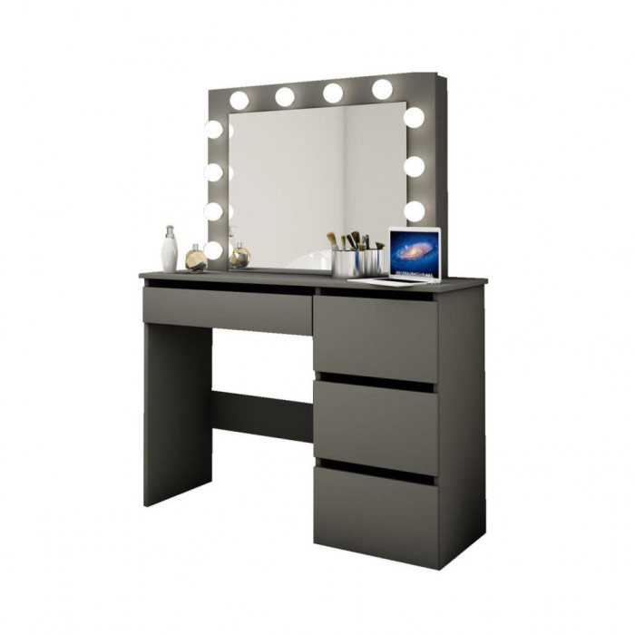 Masa de toaleta/machiaj, negru, cu oglinda si LED-uri, 94x43x141 cm