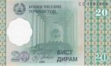 Bancnota Tadjikistan 20 Diram 1999 - P12 UNC ( vezi descriere )