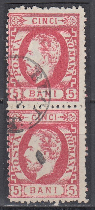 ROMANIA 1872 LP 35 REGELE CAROL I CU BARBA PERECHE 5 BANI ROSU DANTELAT STAMPILAT