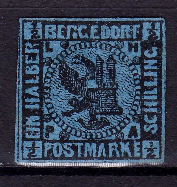 ✅ (S45) Germania veche - Bergedorf 1861 " Stema " 1/2 S , Michel nr.1 , neautentificat, pare a fi reimpresiune Moens 1887 , negumat