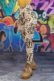 G803-100 Colanti fashion cu talie inalta si print cu text, L, M, S/M