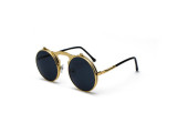 Ochelari de soare Steampunk cu doua randuri de lentile - Auriu - Negru, Unisex, Rotunzi, Protectie UV 100%