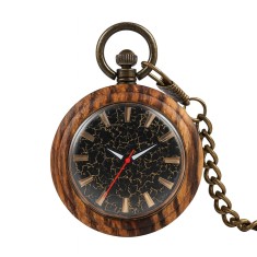 Ceas de buzunar mecanic skeleton retro, carcasa lemn, cadran vizibil, lant fob, vintage