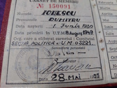 CARNET DE MEMBRU-U.T.M.UNIUNEA TINERETULUI MUNICTOR,1955-UM.03221-General Mr foto