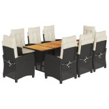 Set mobilier de gradina cu perne, 9 piese, negru, poliratan