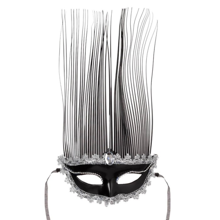 Masca Carnaval Tinsel, Negru, Contur Argintiu, Femei, 37 cm