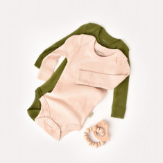 Set 2 body-uri cu maneca lunga bebe unisex din bumbac organic si modal - Verde/Blush, BabyCosy (Marime: 18-24 Luni)