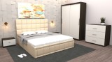 Dormitor Regal cu Pat Tapitat Crem imitatie piele cu dulap usi glisante Wenge fara oglinda si cu comoda Tv