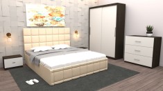 Dormitor Regal cu Pat Tapitat Crem imitatie piele cu dulap usi glisante Wenge fara oglinda si cu comoda Tv foto