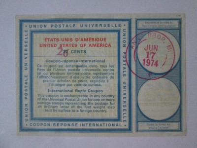USA cupon evaluat 22 Cents platiti 26 Cents 1974 IRC-Cupon raspuns international foto