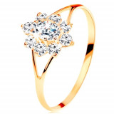 Inel de aur galben de 14K - zirconiu transparent &icirc;n formă de floare, braţe despicate - Marime inel: 57