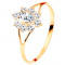 Inel de aur galben de 14K - zirconiu transparent &icirc;n formă de floare, braţe despicate - Marime inel: 49