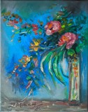 Pictură originală ulei pe p&acirc;nză &bdquo;Buchet de flori roz &icirc;n vas &icirc;nalt&rdquo;, pe șasiu. Certificat cu semnătura și ștampila artistului