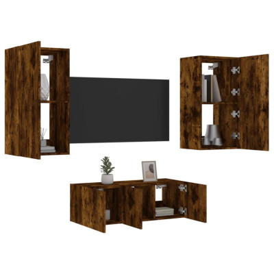 vidaXL Unități de perete TV cu LED-uri, 4 piese, stejar fumuriu, lemn foto