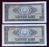 Romania 2x 5 Lei 1966 Serii Consecutive 730/731 aUNC/UNC Bancnote Romanesti