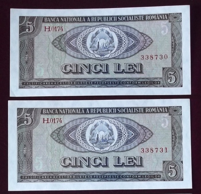 Romania 2 x 5 Lei 1966 serii consecutive 730 731 aUNC si UNC **