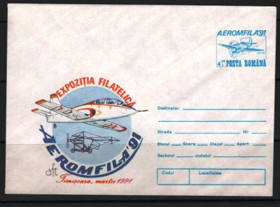 ROMANIA 1991 - EXPOZITIA FILATELICA AEROMFILA. PLIC OCAZIONAL MNH, Z80 foto