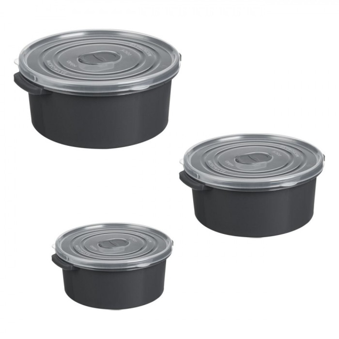 Set Caserole Rotunde, 3 Bucăți, Capac Cu Supapă, Capacitate 500/1000/2000 ml, Gri, Potrivit Pentru Cuptorul cu Microunde