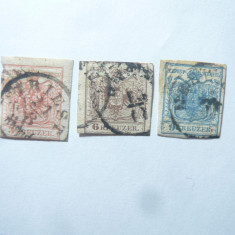 3 Timbre Austria 1850 Stema , val : 3 ,6 ,9 kr stampilate