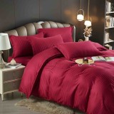 Lenjerie pat dublu cu 6 piese,damasc satinat,cearceaf cu elastic,dungi 1cm,visinie-A1401