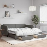 vidaXL Pat de zi cu extensie și sertare, gri &icirc;nchis, 100x200 cm textil