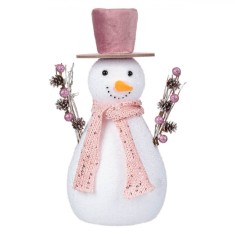 Figură Decorativă Crăciun, Om de Zăpadă, Pălărie Roz, Fular Roz, 30cm, Spumă