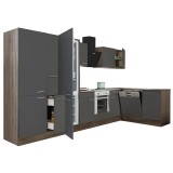 Mobilier de bucătărie de colț Yorki 370, corp din stejar Yorki, fațadă antracit cu finisaj satinat, cu element inferior pentru cuptor, dulap cu raftur