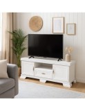 Comoda living VMT2, Pal Melaminat, cu 2 usi, sertar, cu elemente din MDF, Alb Antichizat