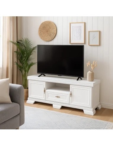 Comoda living VMT2, Pal Melaminat, cu 2 usi, sertar, cu elemente din MDF, Alb Antichizat