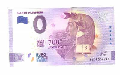 Bancnota souvenir Italia 0 euro Dante Alighieri 700 Anniversario 2021-1, UNC foto